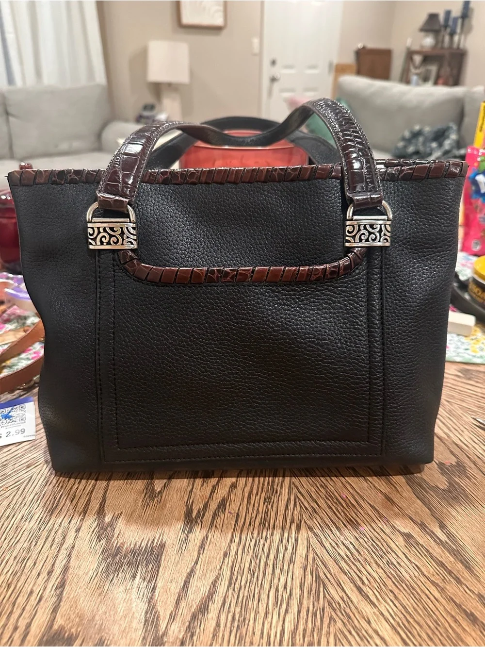 Brighton Black Leather Tote with Brown Croc-Trim